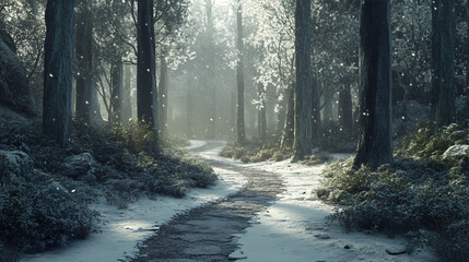 Obraz premium A snow-laden forest path winding between tall, frosted trees, inviting and mysterious.