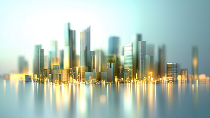 Obraz premium Futuristic urban skyline with green skyscrapers reflecting light. This vibrant cityscape showcases modern architecture and serene atmosphere, perfect for creative projects
