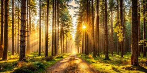 Obraz premium Golden Sunlight Illuminates a Forest Path at Dawn