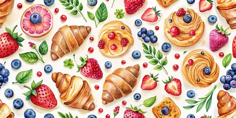 Delightful Watercolor Pattern of Croissants, Berries, and Pastries