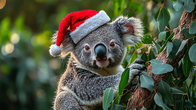 Curious Koala in Santa Hat: Adorable Wildlife in Festive Forest Setting