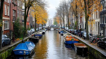 Naklejka premium Autumnal Canal Scene: Boats Moored Along City Streets, Golden Leaves Falling, Calm Water Reflecting Buildings
