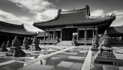 Fototapeta premium Serene monochrome image of an Asian temple courtyard with detailed sculptures and traditional architecture