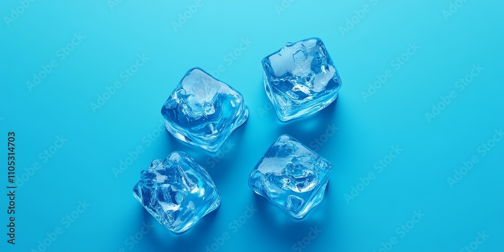 Aufkleber Four ice cubes with a blue hue are set against a matching blue background. This top view showcases the unique appearance of these ice cubes in a visually appealing way.