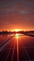 Fototapeta premium Solar farm at sunrise with workers silhouettes and golden glow