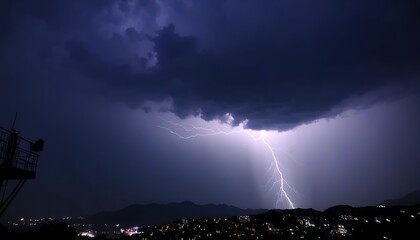 Stunning view of lightning in the night sky with city lights