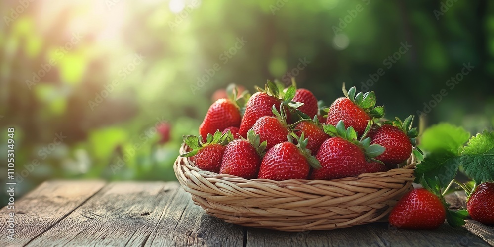 Poster fresh strawberries in a basket on a wooden table surrounded by a natural setting. these delightful s