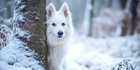 Naklejka premium White Swiss shepherd dog playfully hiding behind a tree in a serene winter forest, showcasing the charm and beauty of this breed in a picturesque snowy landscape.