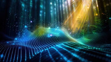 Fototapeta premium mesmerizing psychedelic landscape with vibrant colors and light beams illuminating digital wave pattern, creating surreal atmosphere