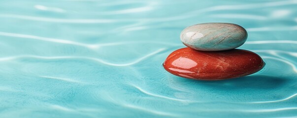 Turquoise ocean and precious, Two smooth stones balance on top of each other in calm, turquoise water, creating a serene and tranquil atmosphere.