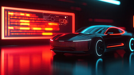 futuristic black car with glowing accents in high tech environment, showcasing advanced technology and design. vibrant neon lights create striking atmosphere