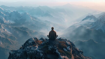 Fototapeta premium Person sitting alone on a mountaintop, deep in thought