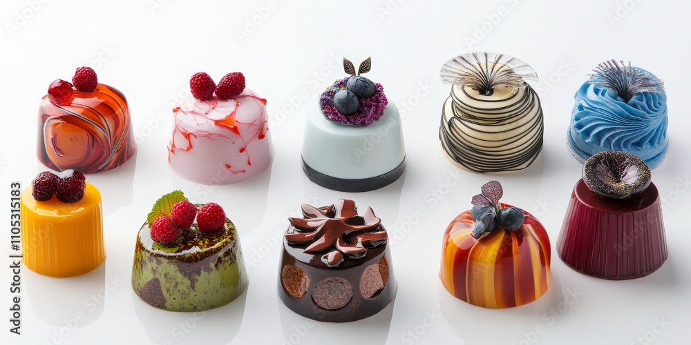 Poster Artfully crafted glazed mousse cakes in an array of unique designs showcased on a clean white background. These glazed mousse cakes delight with their colorful presentation and textures.