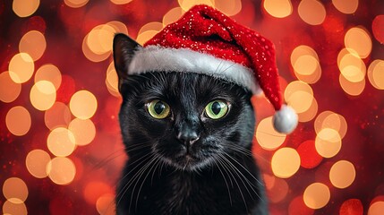 Festive Feline Elegance - Elegant Black Cat in Santa Hat with Green Eyes Against Red and Gold Christmas Background