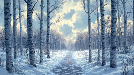 Obraz premium Winter wonderland snowy birch forest pathway nature scene tranquil atmosphere scenic view