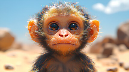 Fototapeta premium A cute monkey with large eyes in a desert landscape.