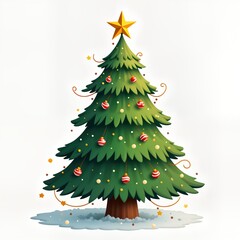 Fototapeta premium Colorful cartoon Christmas tree stands on snow. Decorations are red and white balls and small ornaments. Shiny star on top of tree. Festive and traditional design. Holiday illustration.