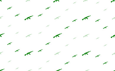Seamless pattern of large and small green assault rifles. The elements are arranged in a wavy. Illustration on light green background