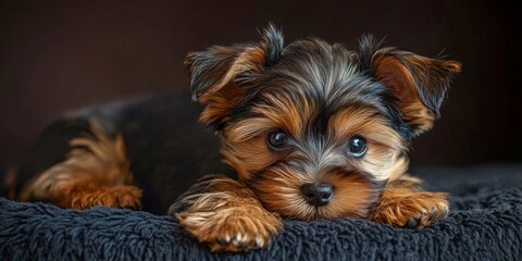 A charming Teacup Yorkie puppy dog resting gracefully while gazing ahead, showcasing the delightful features of this adorable Teacup Yorkie breed. Perfect for capturing the essence of a Teacup Yorkie.