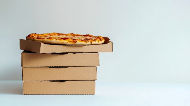 Pizza boxes stacked neatly with one pizza visibly on top.
