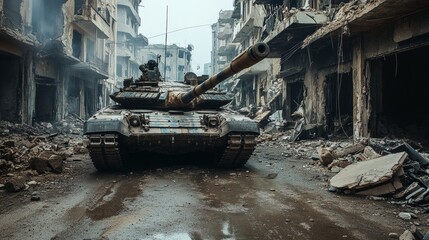 Fototapeta premium Massive tank advancing through a war-torn urban area, rubble scattered around 