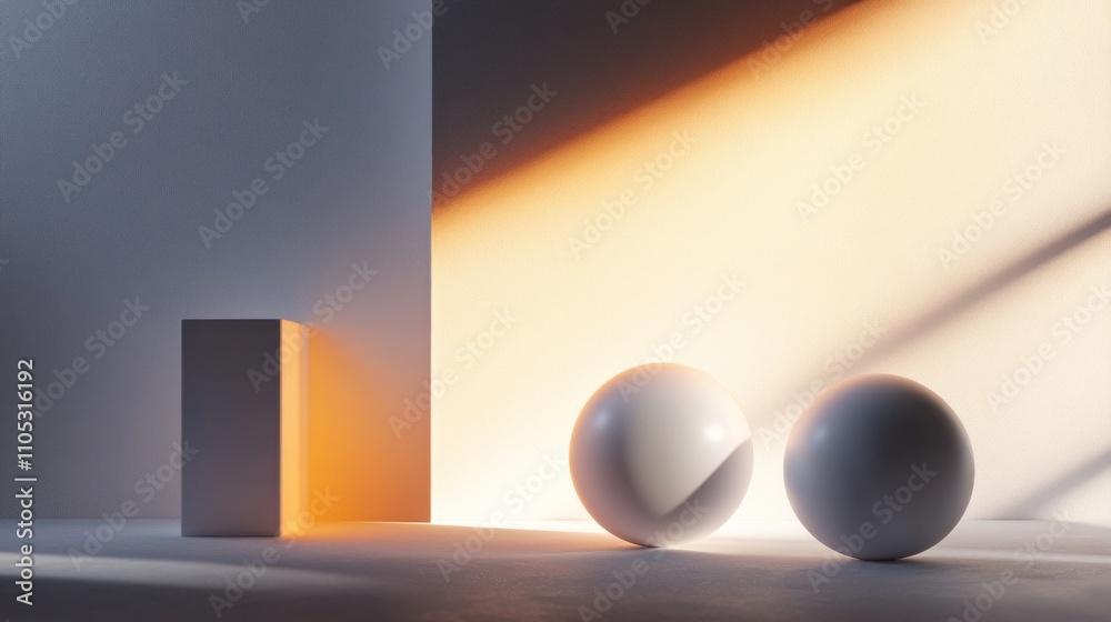 Poster minimalist scene with white spheres and block