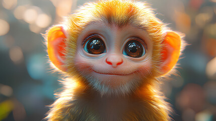 A cute, animated monkey with large eyes and a cheerful expression in a vibrant setting.