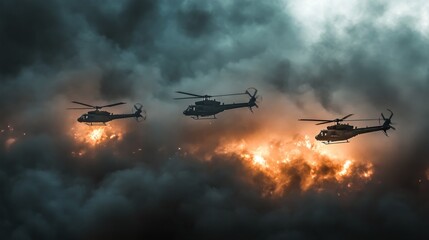 Fototapeta premium Military helicopters flying in formation above a smoky battlefield with bright flashes below 