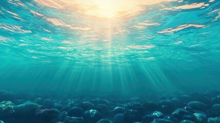 Turquoise ocean and precious, A serene underwater scene with sunlight filtering through the water, illuminating the ocean floor and creating a tranquil atmosphere.