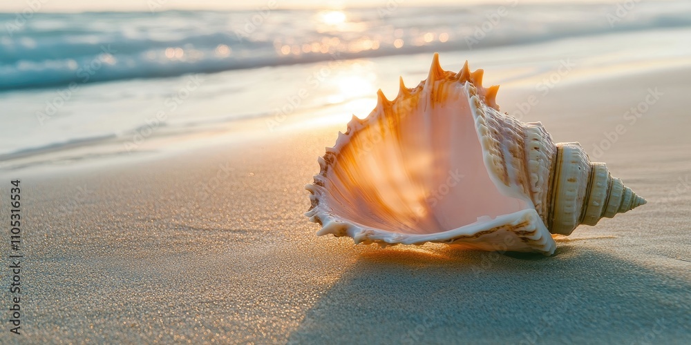 Poster conch shell resting on beach sand, showcasing nature s beauty. this conch shell adds charm to the sa