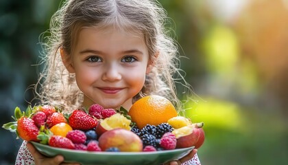 Child eating fresh fruits, balanced nutrition, sunny outdoor scene