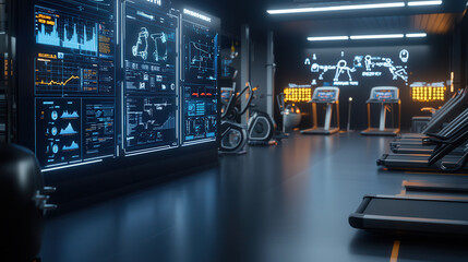 modern smart home gym with automated equipment, featuring advanced technology displays and fitness machines. sleek design promotes efficient workout environment