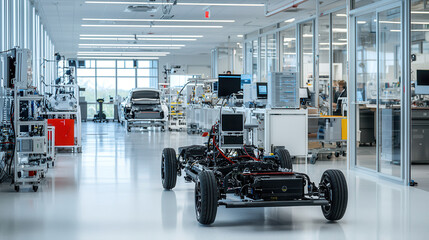 space dedicated to prototyping next gen electric vehicles, showcasing chassis in modern lab environment. atmosphere is innovative and forward thinking
