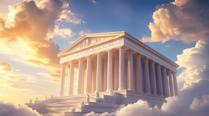 Obraz premium A Majestic White Marble Temple with Doric Columns Stands on a Platform of Clouds, Bathed in Golden Sunlight with Dramatic Clouds Overhead