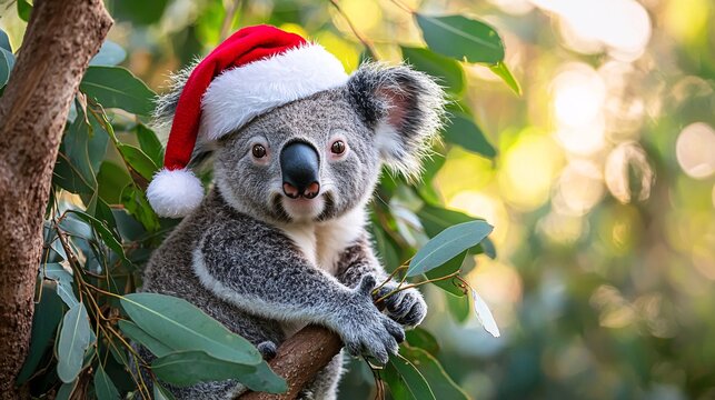Curious Koala in Santa Hat: Adorable Wildlife in Festive Forest Setting