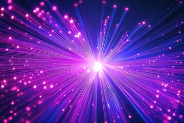 Abstract vibrant tech background. Fiber optic lines radiate outward from center. Purple, blue tones create dynamic visual effect. Ideal for tech presentations. Fast speed lines concept. Futuristic