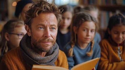Fototapeta premium German language teacher reading a book aloud