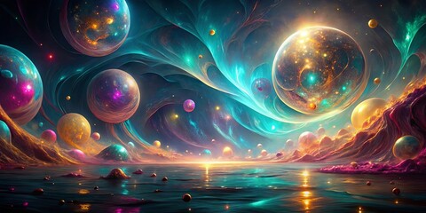 Ethereal Celestial Landscape A Dreamlike Seascape with Floating Orbs and Vibrant Hues