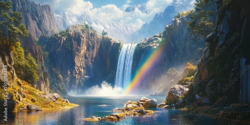 Aufkleber cliff at a waterfall featuring a vibrant rainbow at its base, showcasing the natural beauty and stun