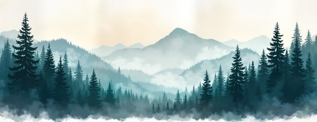 Obraz premium Misty forest landscape with mountains. Silhouette trees, hills. Watercolor style. Foggy morning evening scene. Nature themed art perfect for wallpaper posters. Suitable for eco nature lovers.
