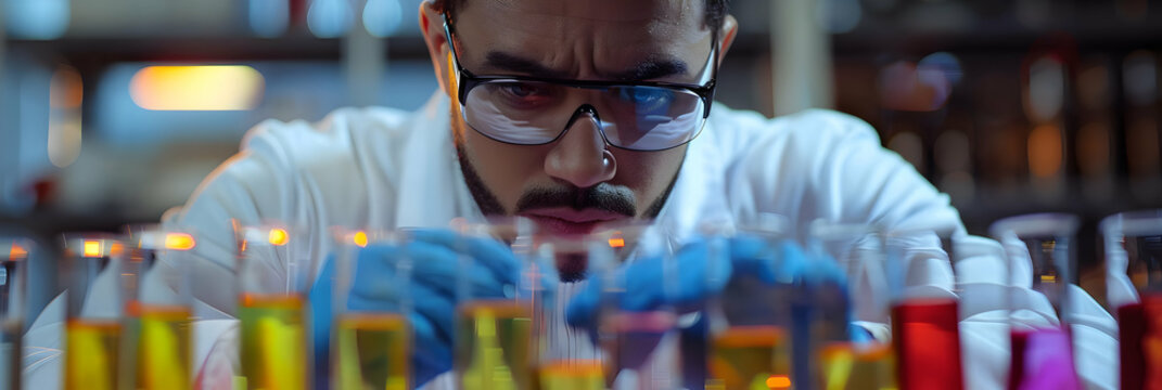 Scientist meticulously examines colorful liquids in test tubes during research experiment in a laboratory setting.