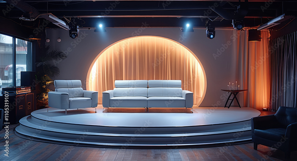 Aufkleber an elevated small stage with an open, half circle sofa with a dj table ahead.