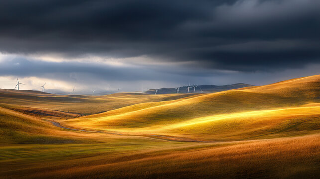 serene rural landscape featuring rolling hills illuminated by soft light, with wind turbines in distance under dramatic sky