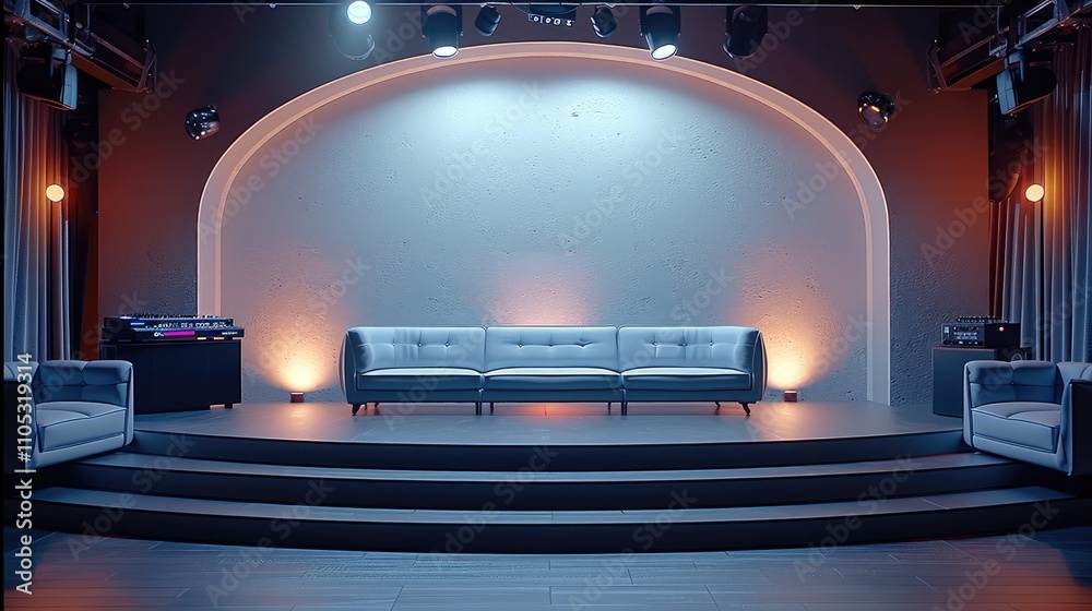 Aufkleber An elevated small stage with an open, half circle sofa with a DJ table ahead.