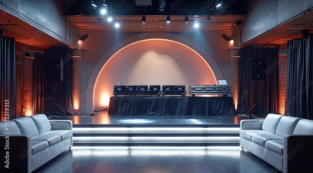 Aufkleber an elevated small stage with an open, half circle sofa with a dj table ahead.