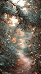 Winter forest pathway arch with snowdusted fir branches