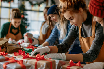 Group of volunteers packing donation gift box on Christmas holiday. Social community of assistance to poor. Gift wrapping for those in need