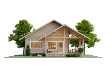 Front view of modern style small cottage wooden house on the green lawn isolated on transparent background  3d render surrounded by lush nature