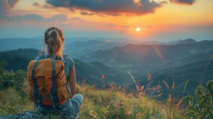 Naklejka premium Solo Traveler Enjoying a Breathtaking Mountain View at Sunset Generative AI