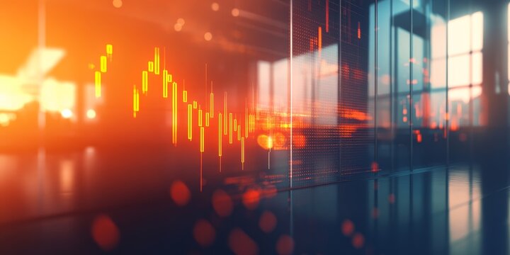 Abstract glowing forex chart displayed against a soft focused office interior background, representing concepts of trade and finance within the stock market through double exposure imagery.